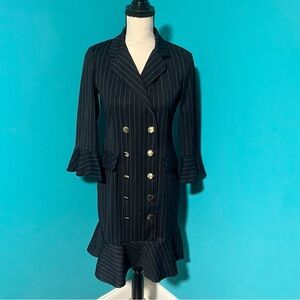 Gabby Skye 4 Navy Blue Pinstripe Ruffle Double Breasted Mini Blazer Dress